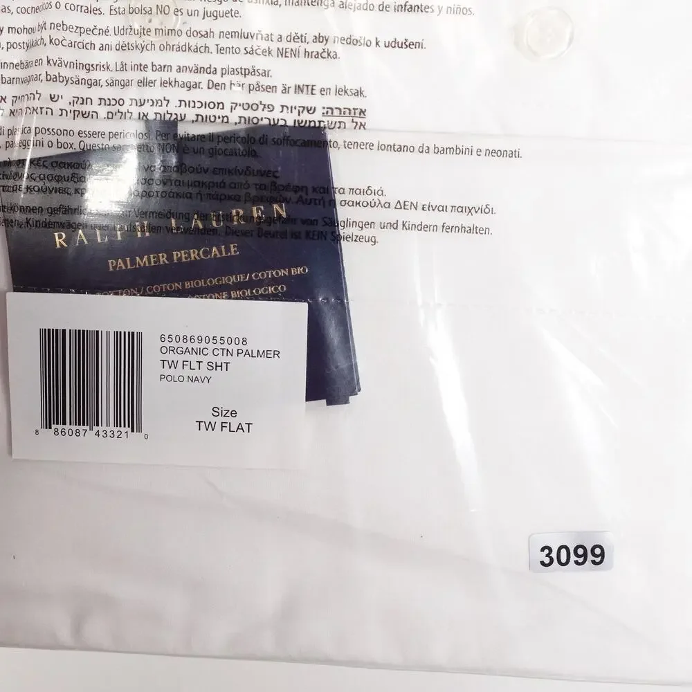 Ralph Lauren Organic Cotton Percale Palmer Twin Flat Sheet White/Polo Navy $125